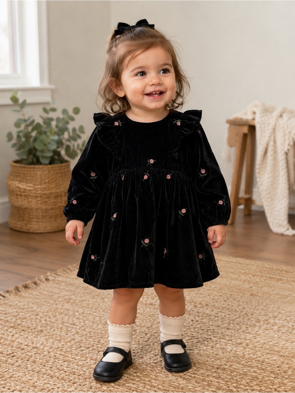 Zara baby girl velvet floral embroidered dress 12-18m